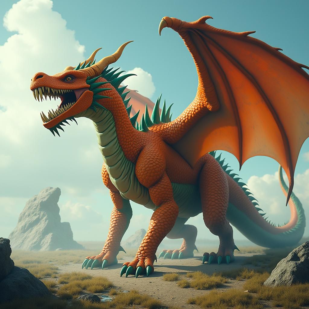 Menacing Orange Dragon in Russian Landscape