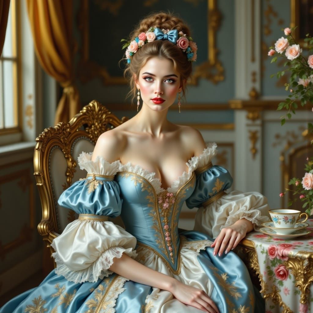 Rococo Girl with Blue Hair and Yellow Eyes