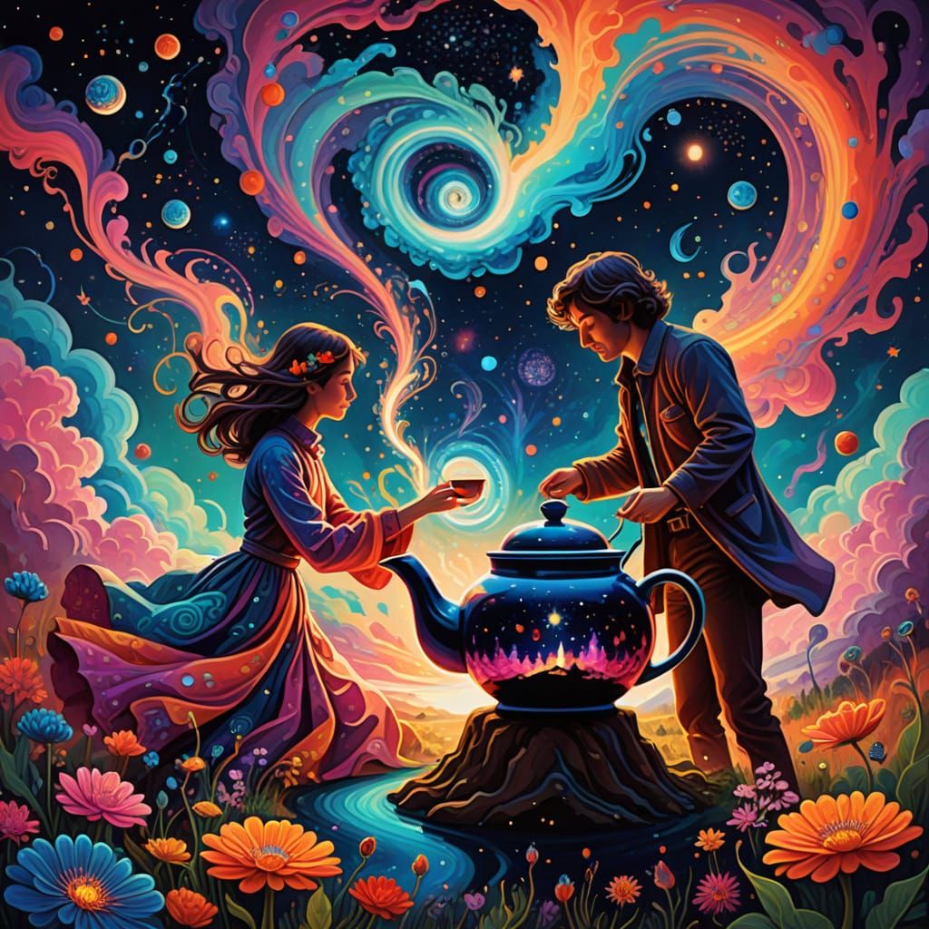 Psychedelic art. A couple holding hands, their forms dissolv...