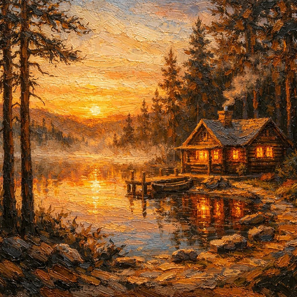 Cozy Cabin by Lake at Dawn, Impasto Painting Style