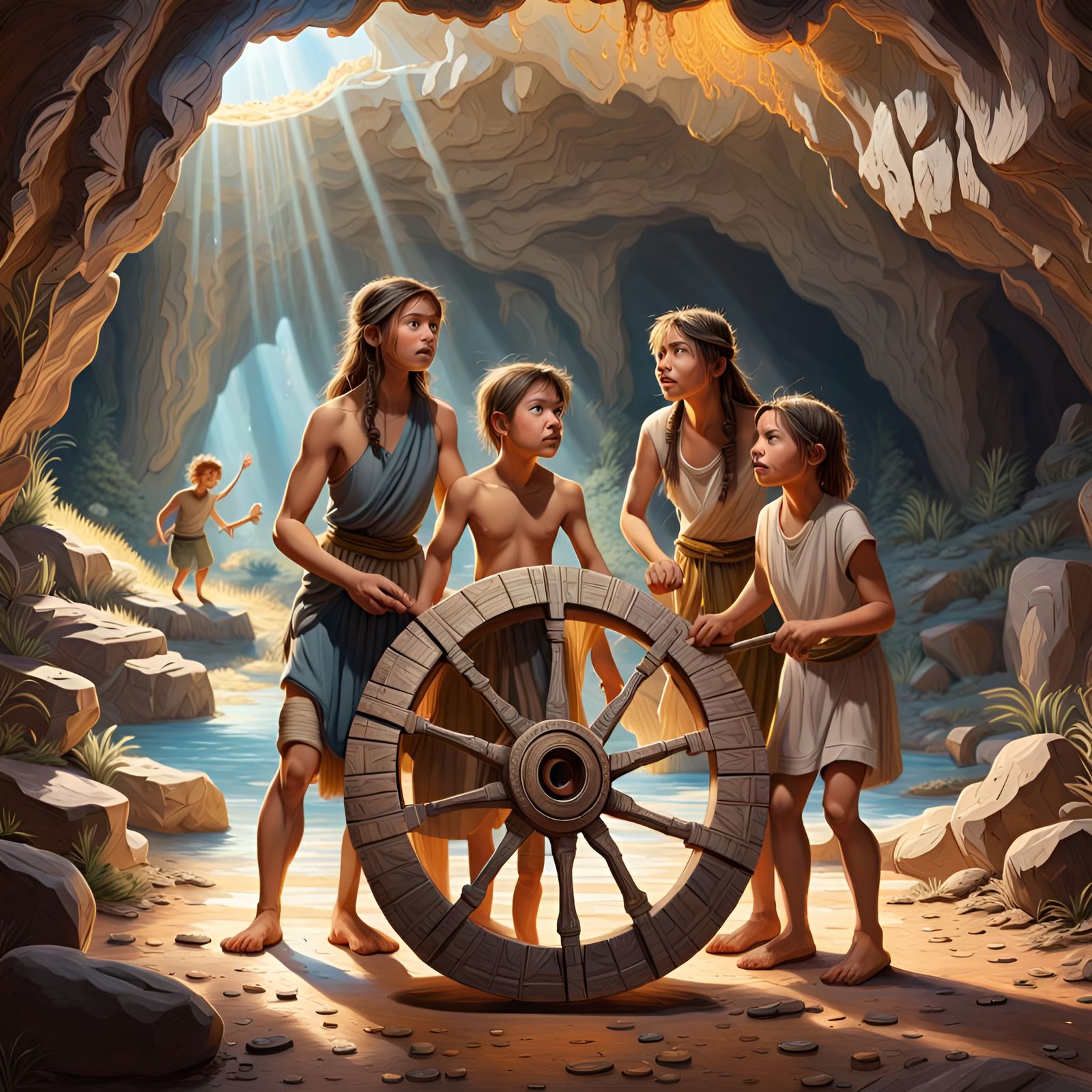 Prehistoric Family Discovering the Wheel
