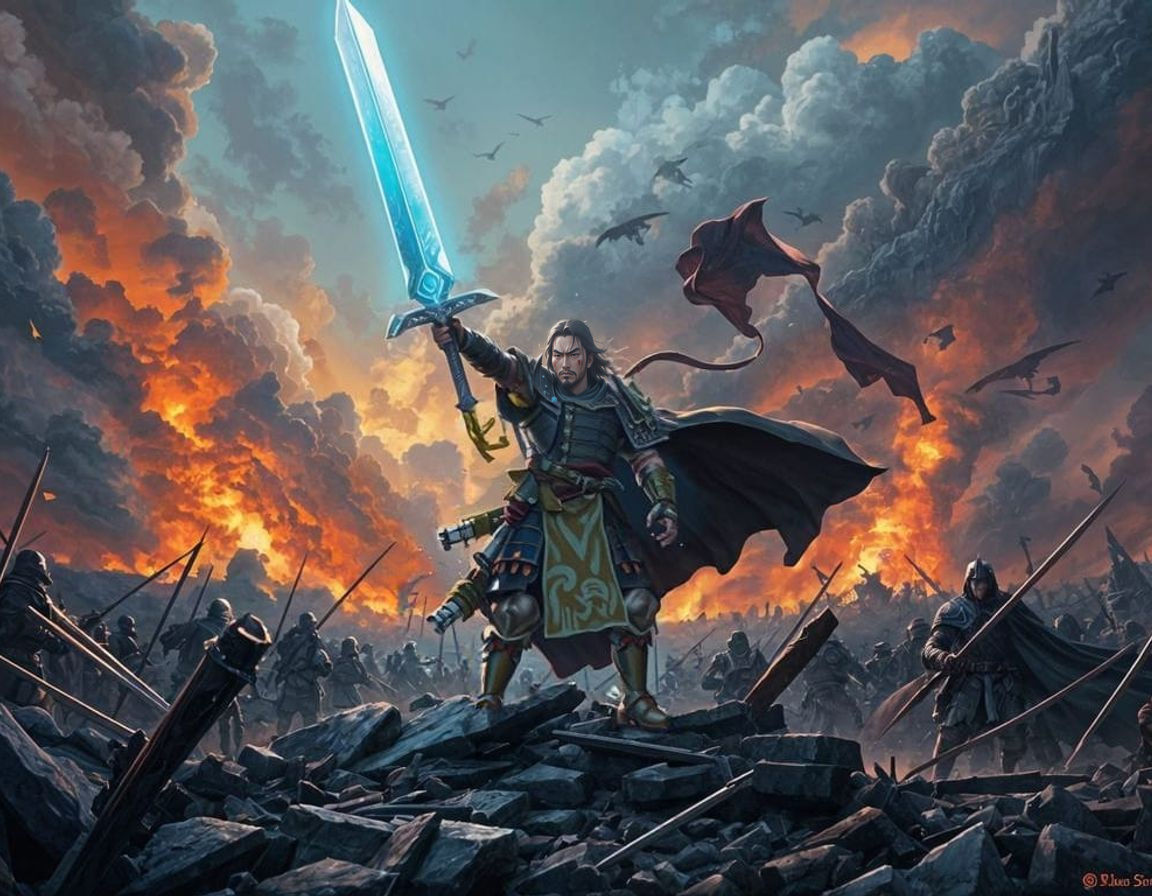 Samurai Warrior Stands Victorious on Ruined Battlefield