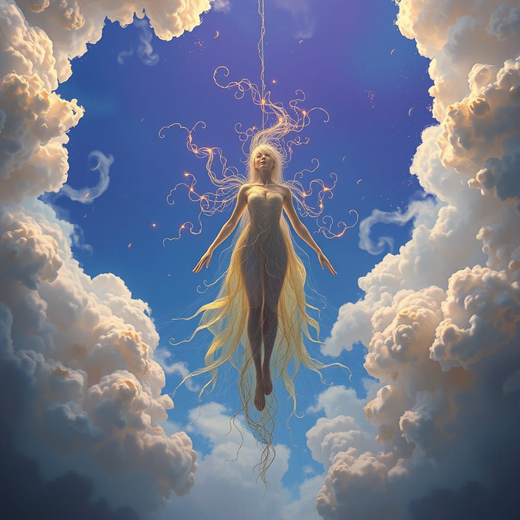 Whispering Celestial Entity Amidst Iridescent Clouds