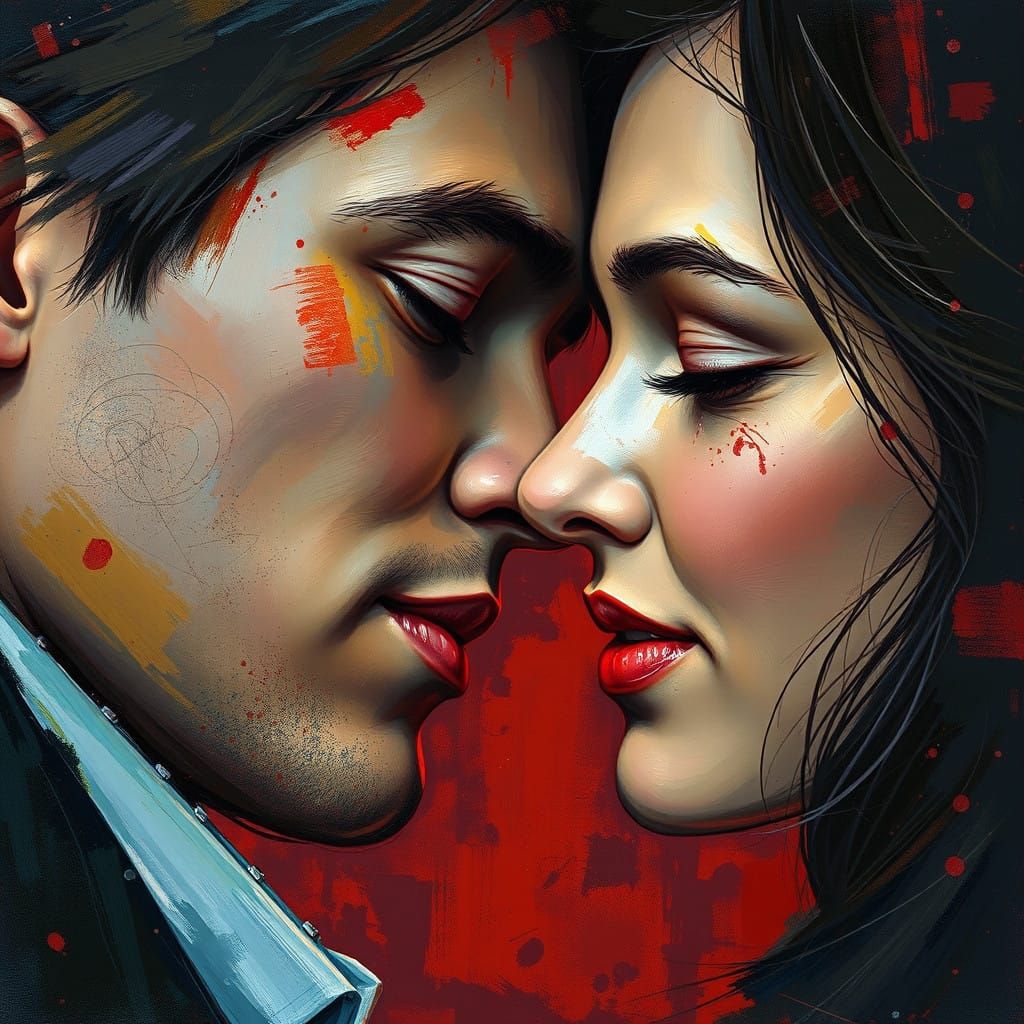 Romantic Portrait of a Loving Couple in Vibrant, Expressive...
