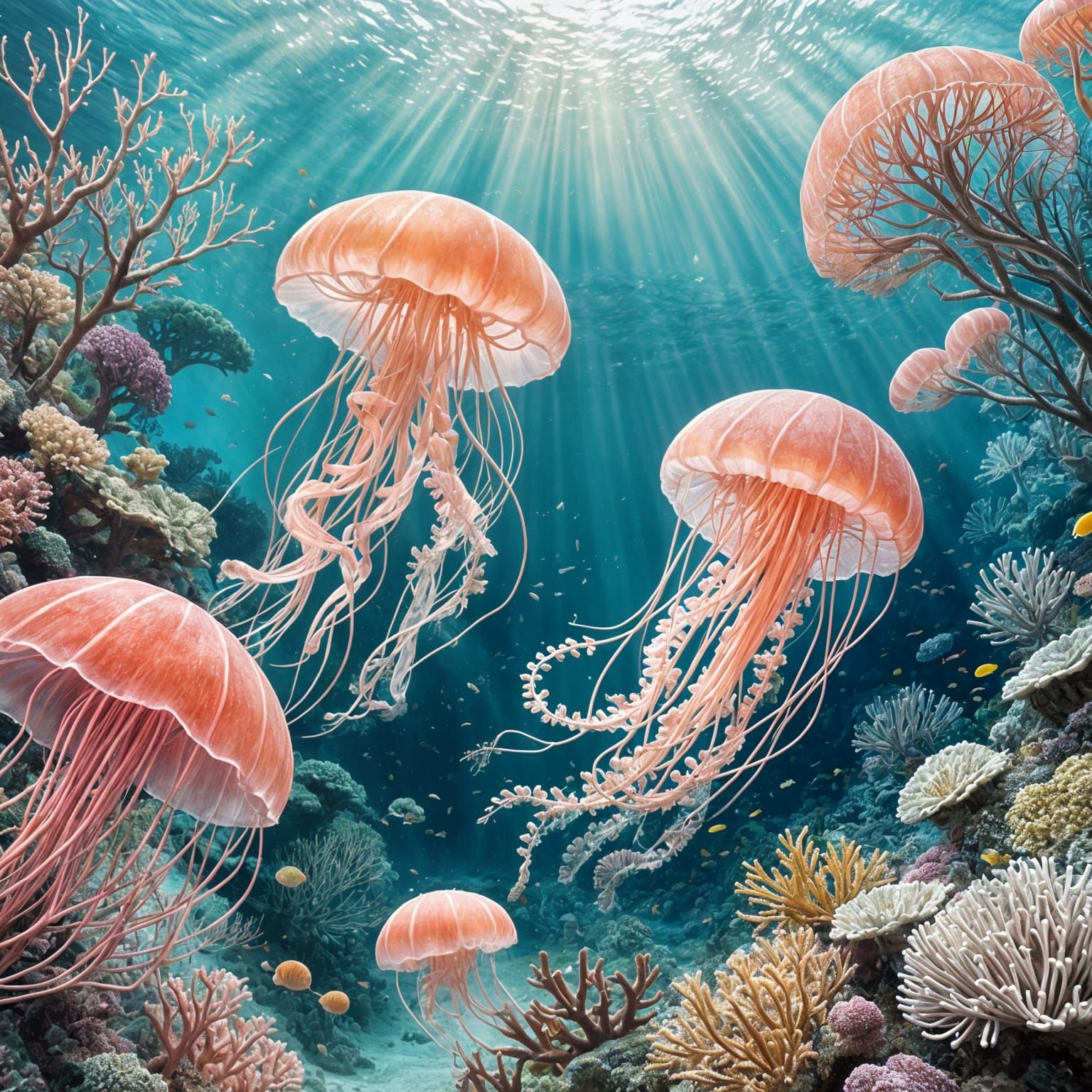 Pastel Pink Jellyfish in a Vibrant Coral Reef Scene