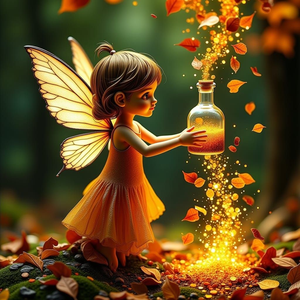 Fairy Pours Autumn Essence, Transforming Forest into Fall