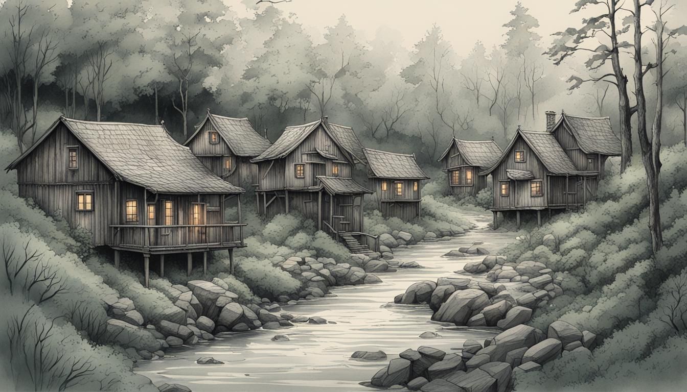 Misty Hamlet: Hyperdetailed Ink Drawing in Forest