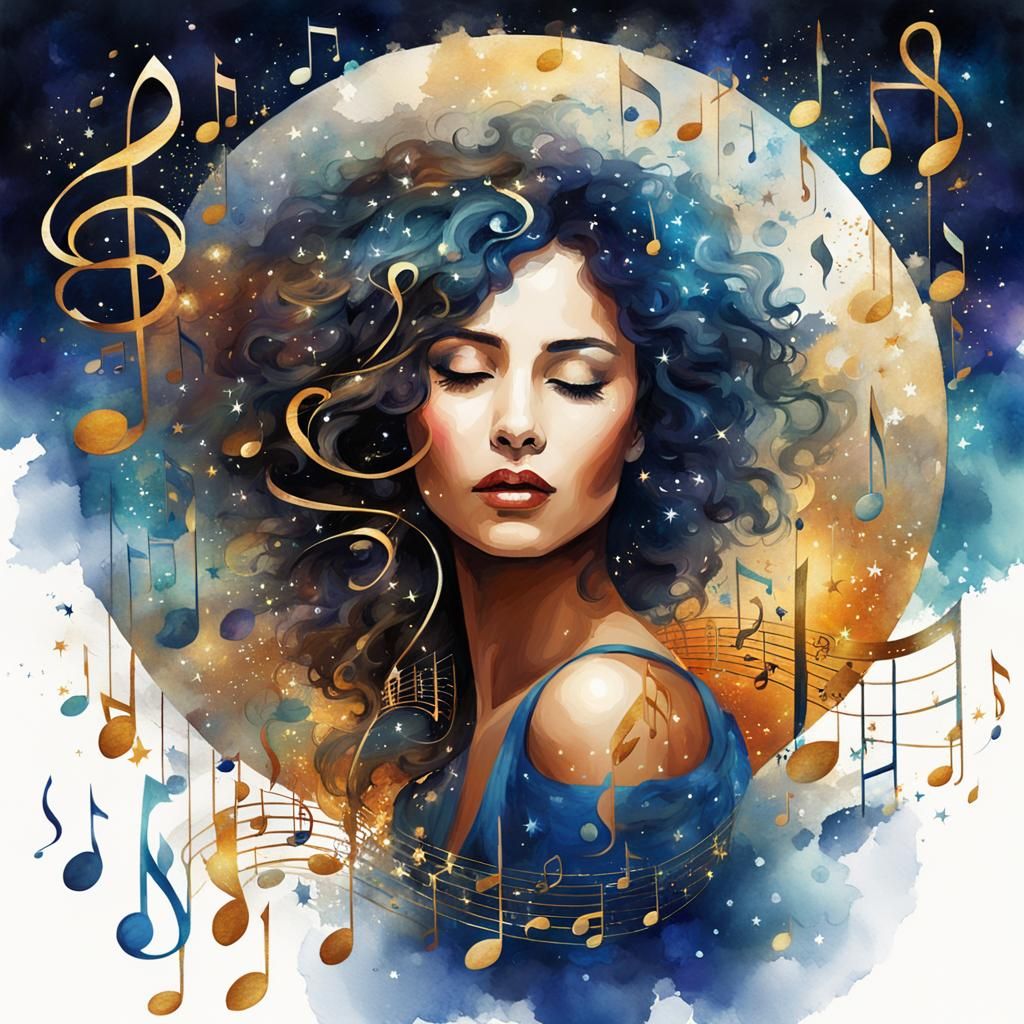 A beautiful tunisian woman encircled by sparkling musical no...