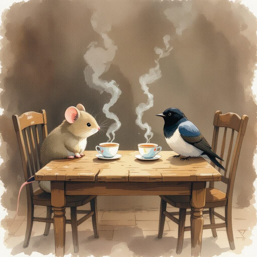 Mouse and Starling Share Tea, Ghibli Watercolor Style