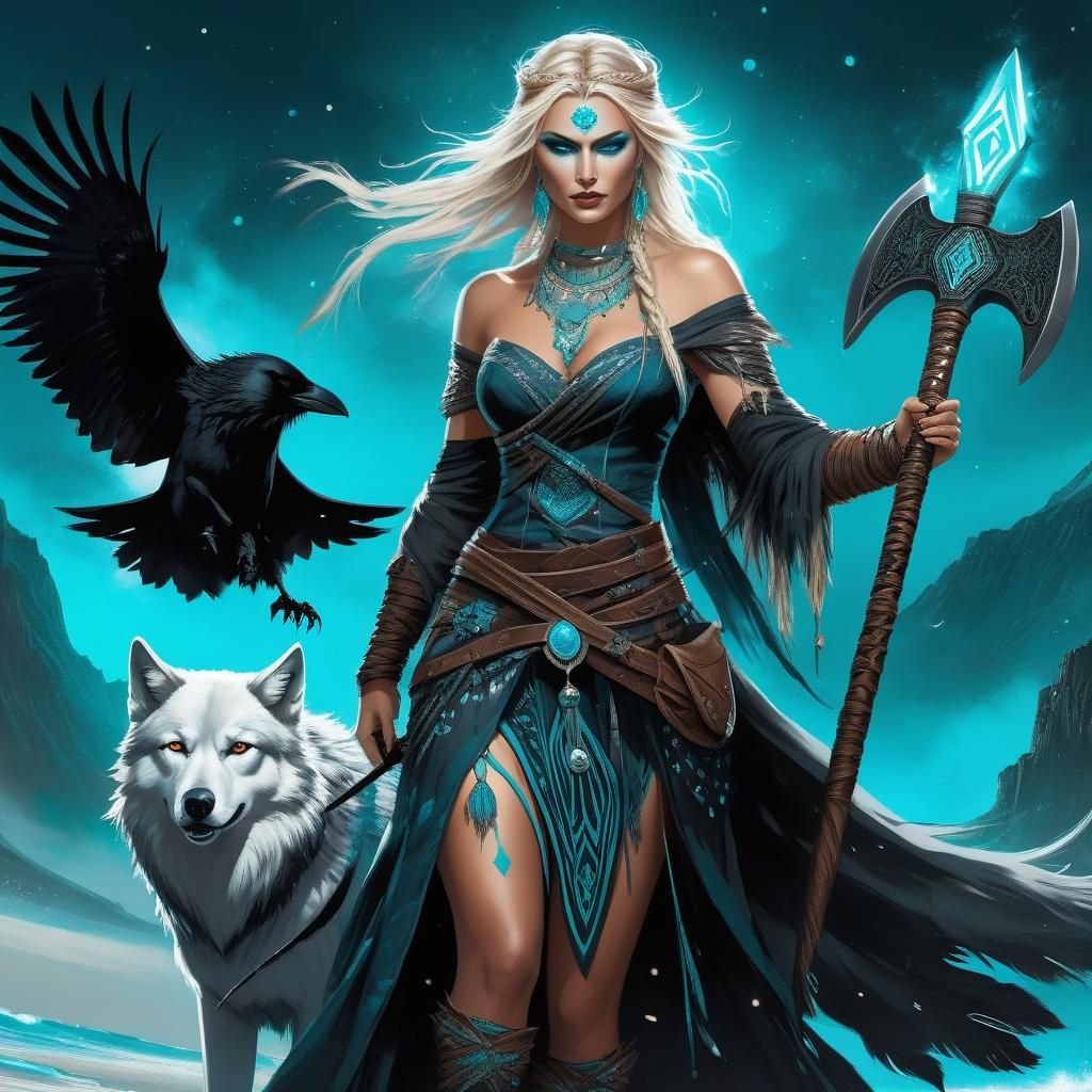 Scandinavian Witch with Axes on Longship Beach