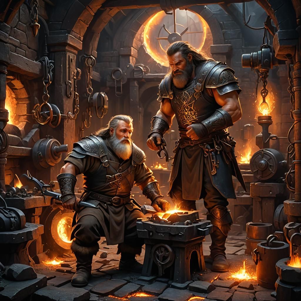 Dwarf Blacksmith in Ancient Forge with Glowing Runes