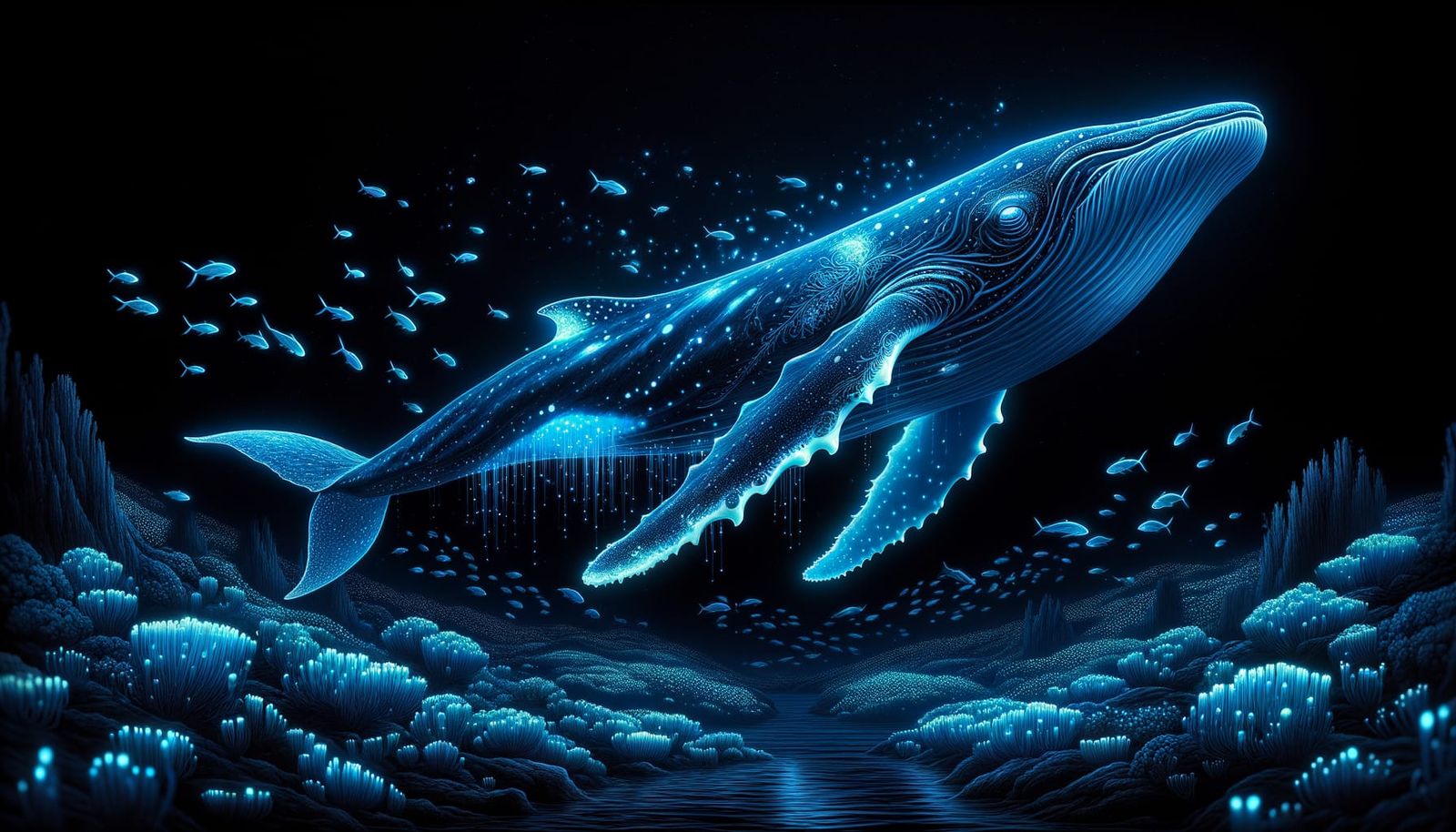 Bioluminescent Whale in Dark Ocean, Hyperrealistic Digital A...