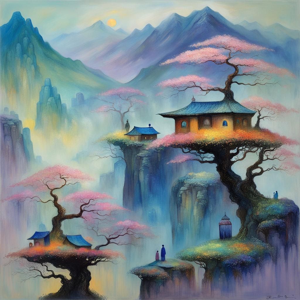 Mystical Bonsai Village in Symbolist Landscape