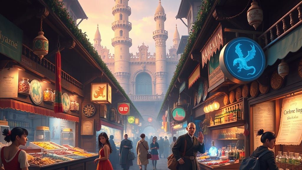 Fantastical City Marketplace in Ghibli Style