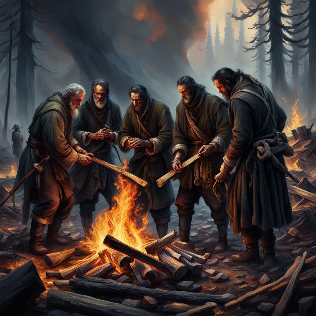 Men Around Dying Fire: Detailed Fantasy Concept Art