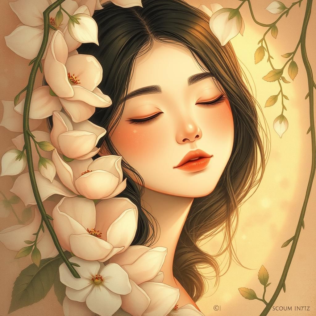 Serene Woman Surrounded by Petals in Dreamy Light