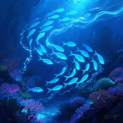 Bioluminescent Fish School in Glowing Coral Reef Digital Mat...