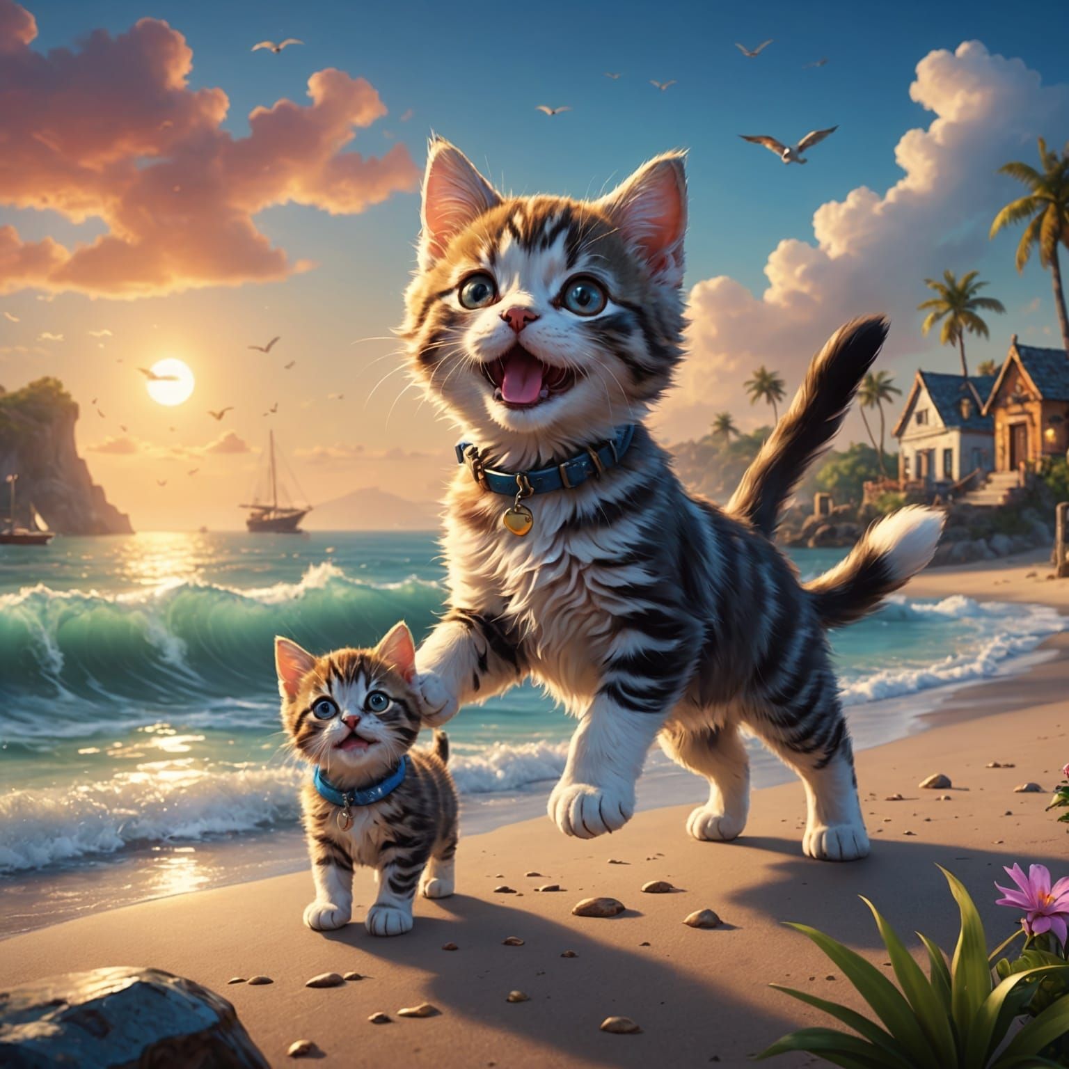 Kitten and Puppy Play by the Sea