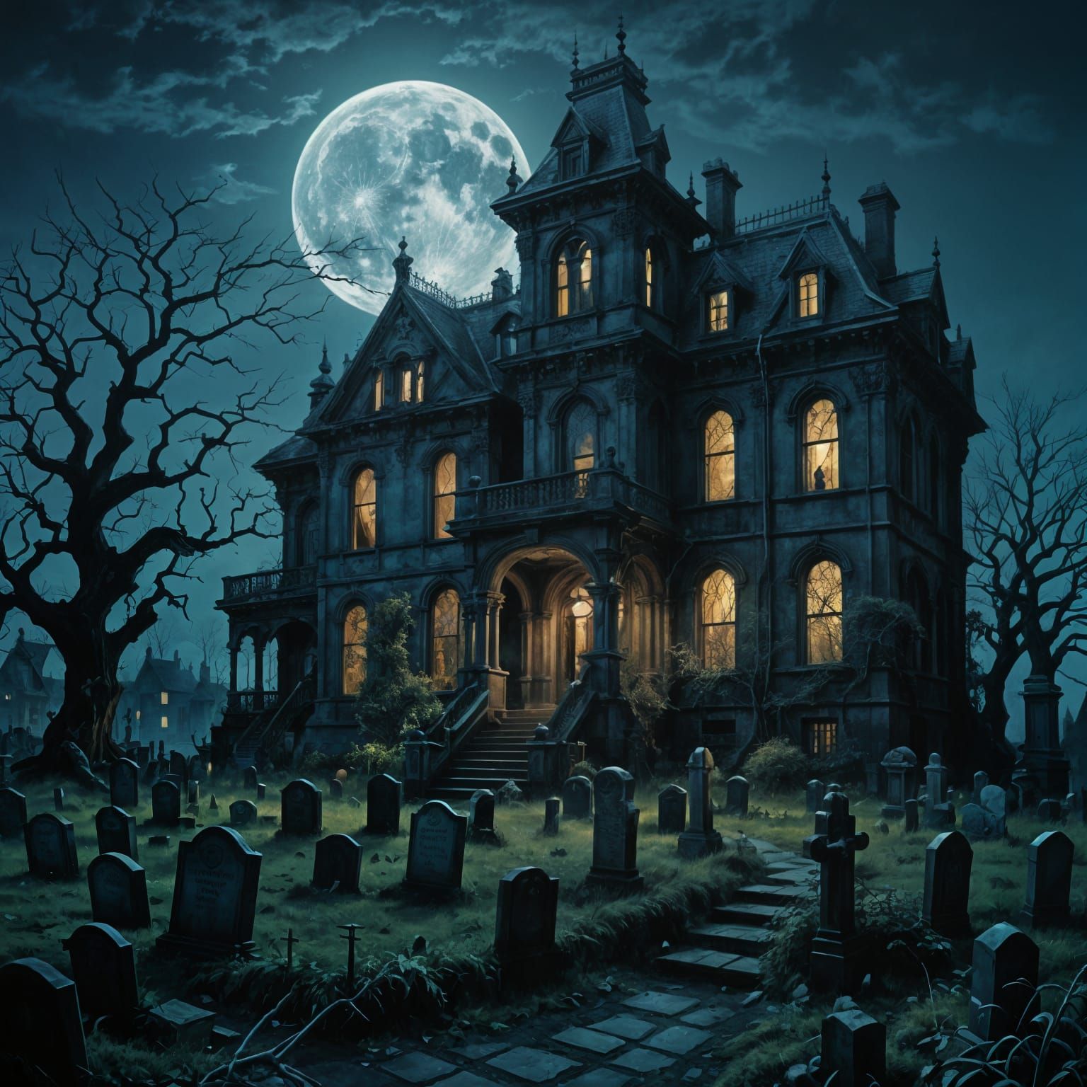 Eerie Victorian Mansion Under Moonlight in Gothic Style