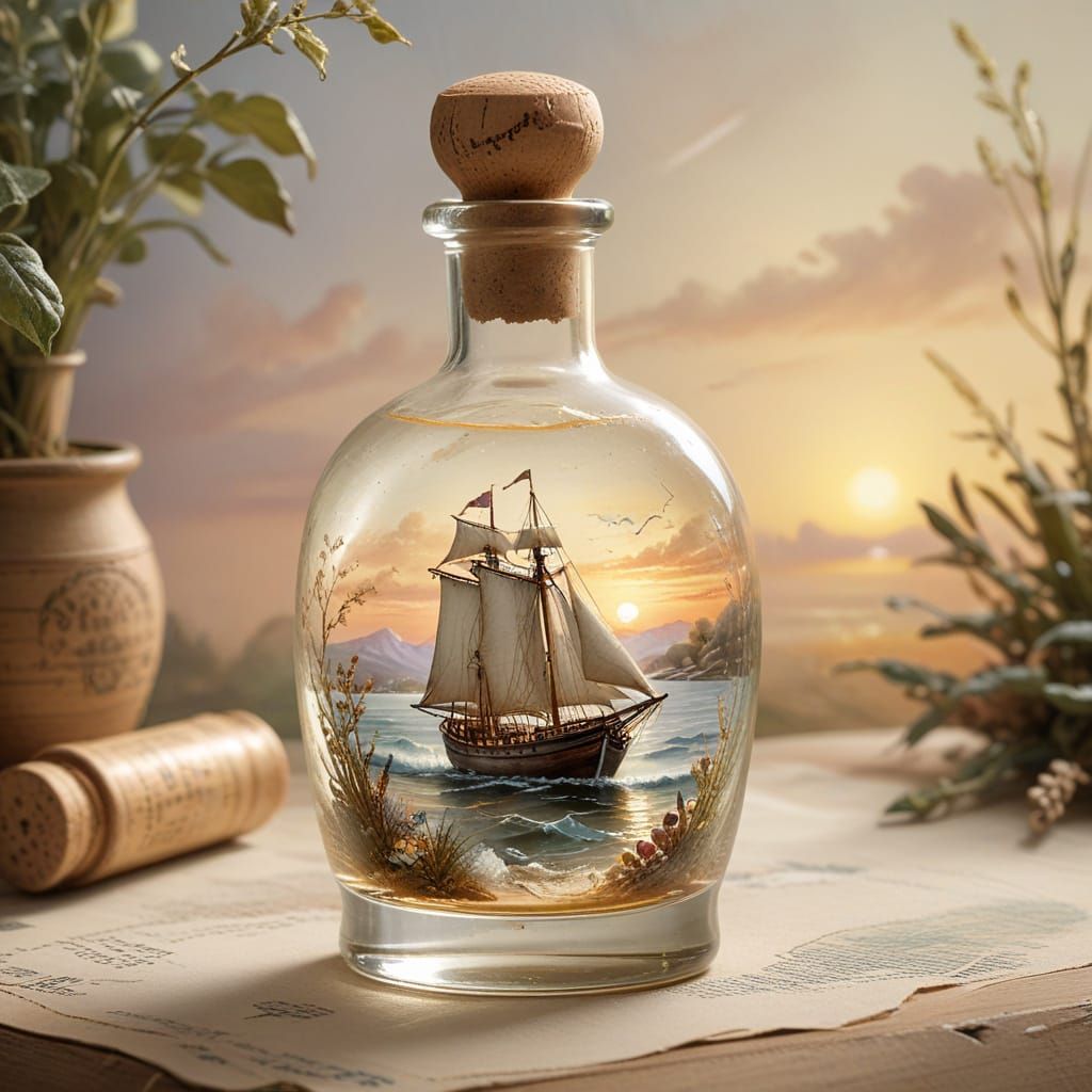 Distressed Glass Bottle with Majestic Sailboat Scene in Warm...