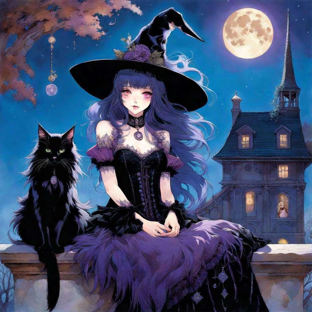 Gothic Witch and Maine Coon in Moonlight, Digital Art