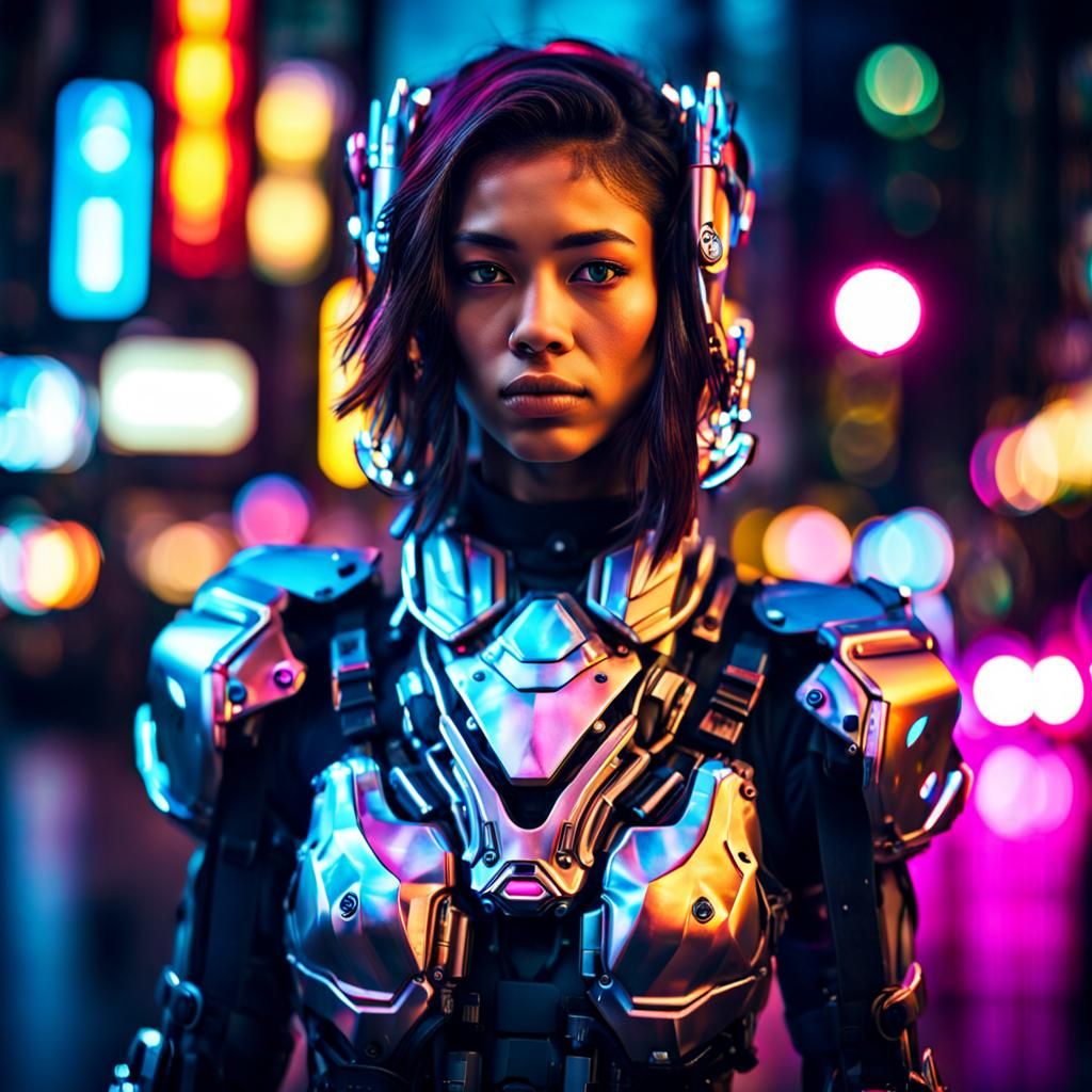 Cyborg Girl in Neon City: Hyperrealistic Portrait