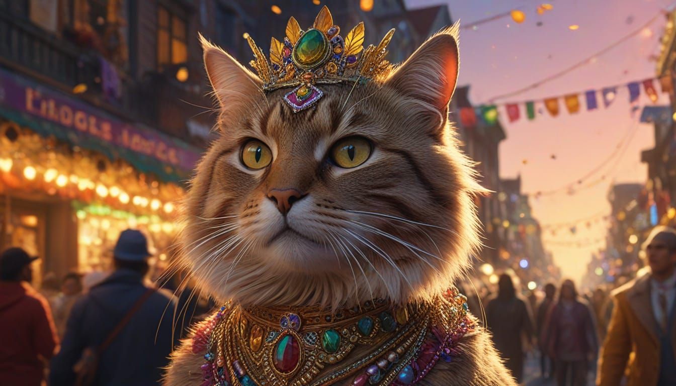 Regal Cat Reigns Over Mardi Gras Splendor in Digital Art