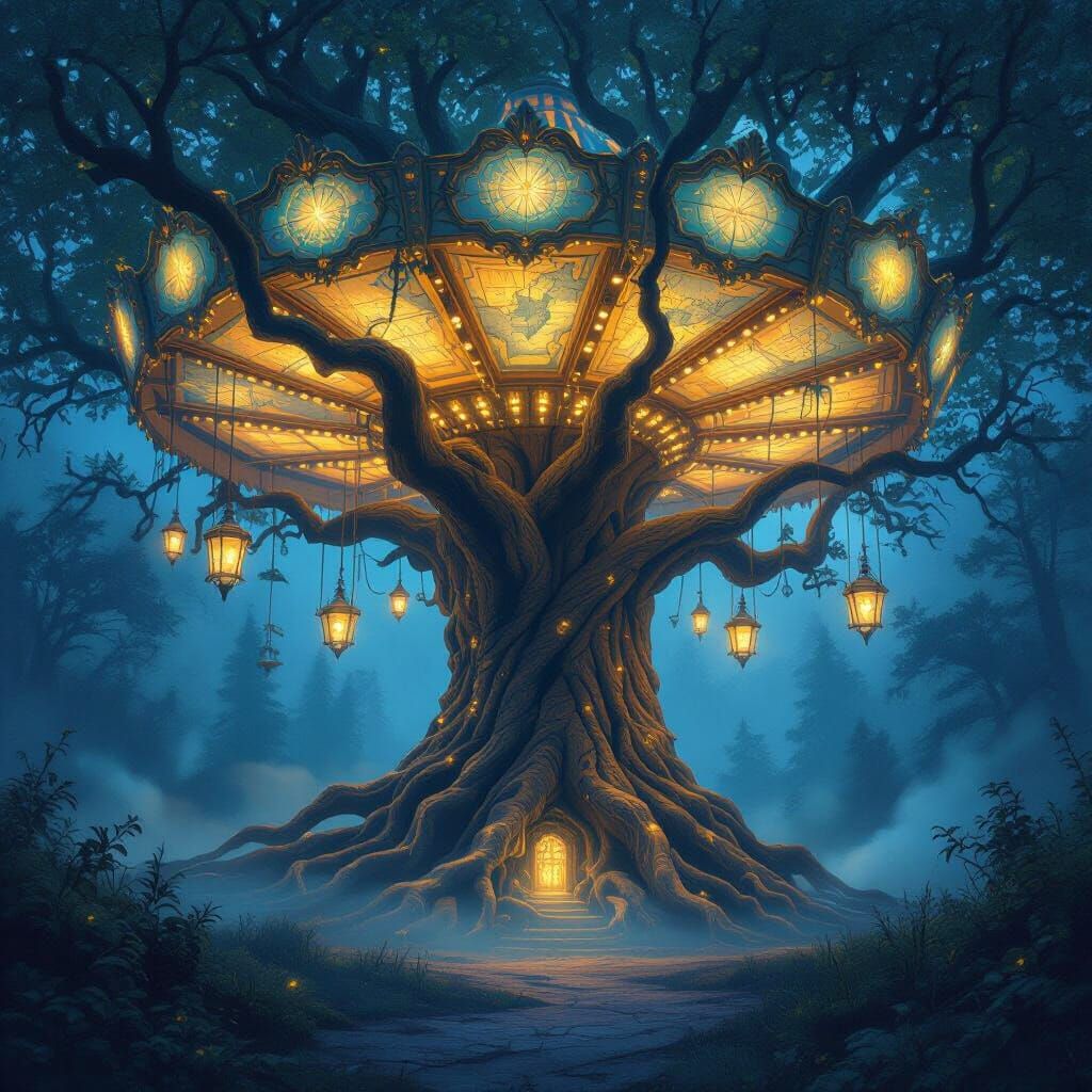 Ancient Tree Carousel With Glowing Map Branches