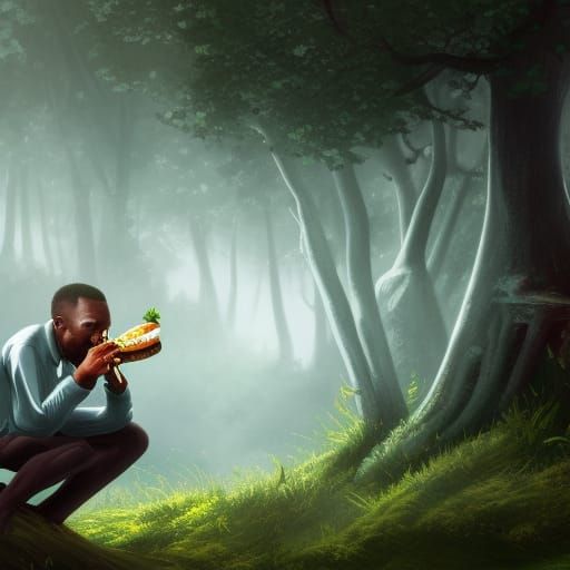 Black Man Eating Hamburger in Forest Art