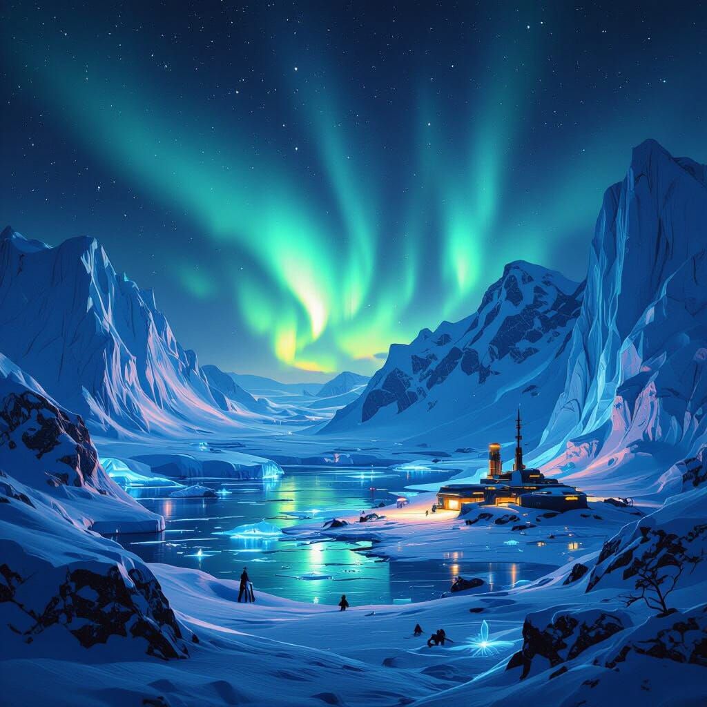Surreal Antarctica Night Scene With Aurora