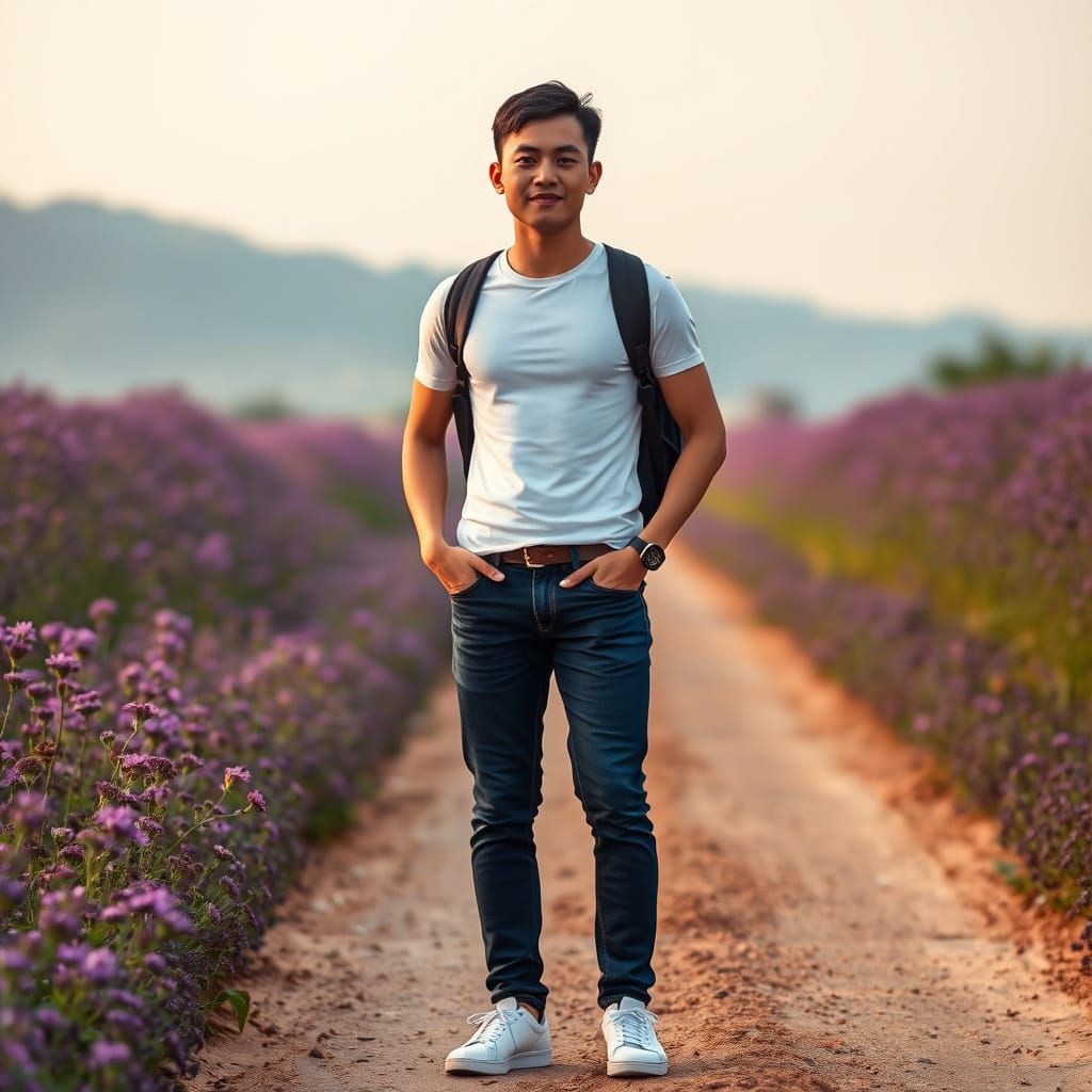 Handsome Asian Man in Purple Flower Field, Cinematic Style