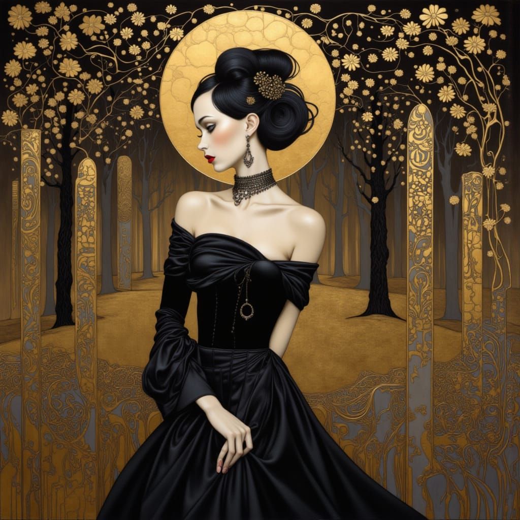 Gothic Goddess in Black and Gold Satin