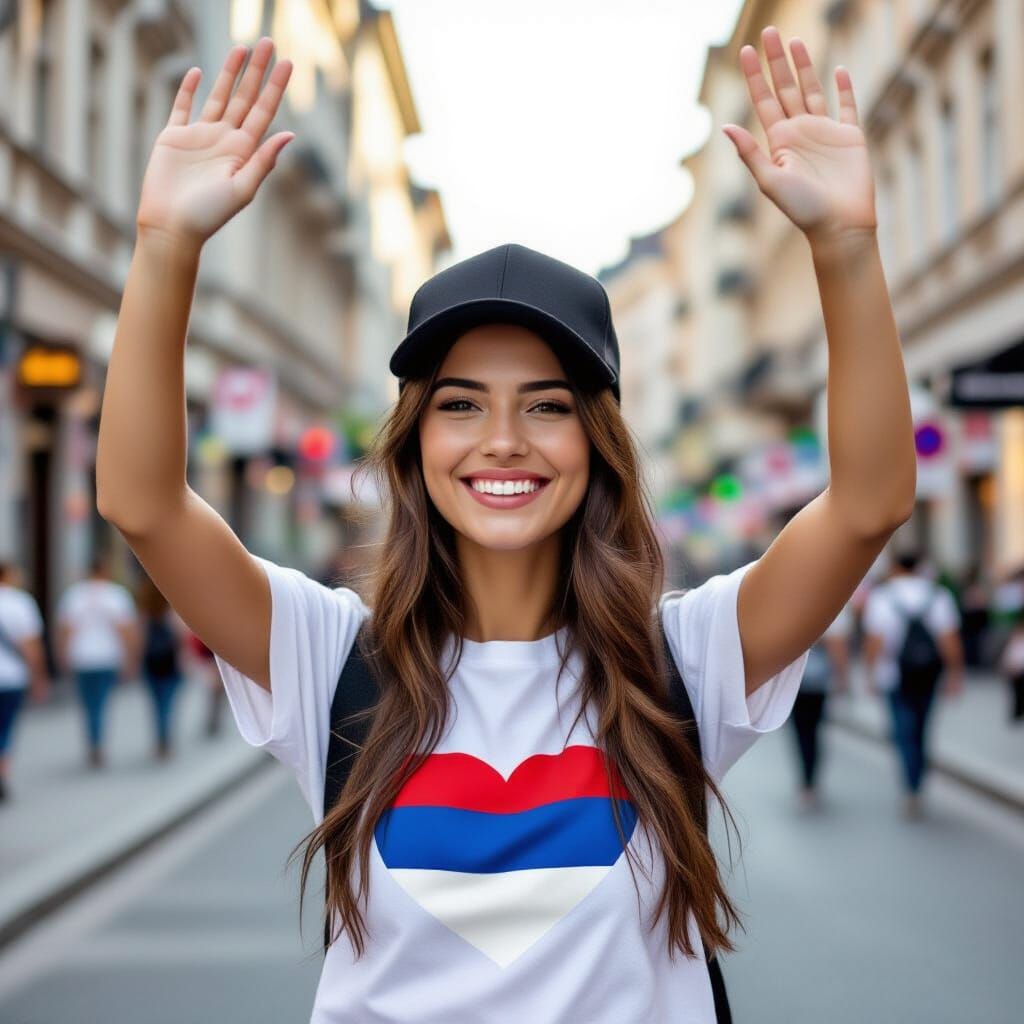 Smiling Woman with Serbian Flag T-Shirt in City