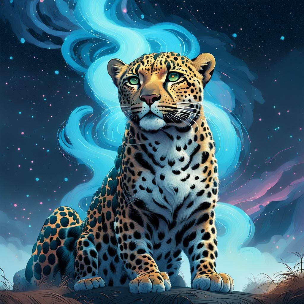 Iridescent Leopard in Dreamy Stardust Landscape