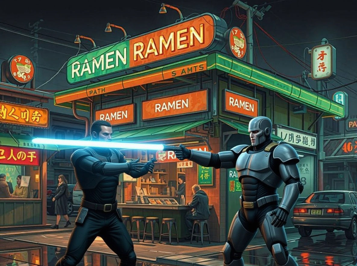 Cyberpunk Desert Ramen Shop at Midnight