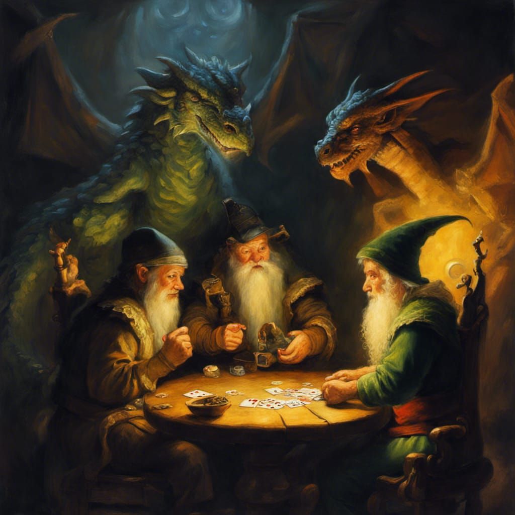 Fantasy Poker Game: Dwarf, Elf, and Dragon in Oil