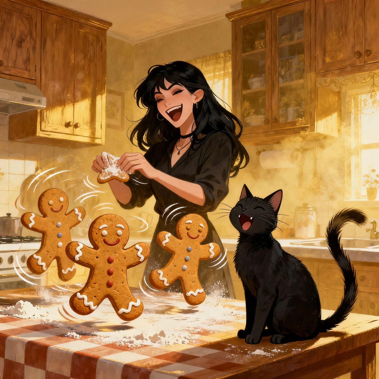 Woman and Cat Bake Dancing Gingerbread Men in Kitchen