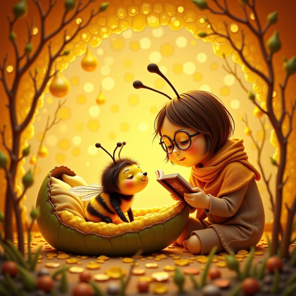 Nap time in the hive: one sleepy baby bee, a storybook babysitter, and a classic tale of Winnie the Pooh. 🐝💤📚🐻