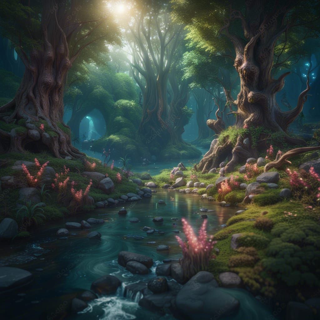Enchanted Fairy Forest beside River in Detailed Matte Painti...