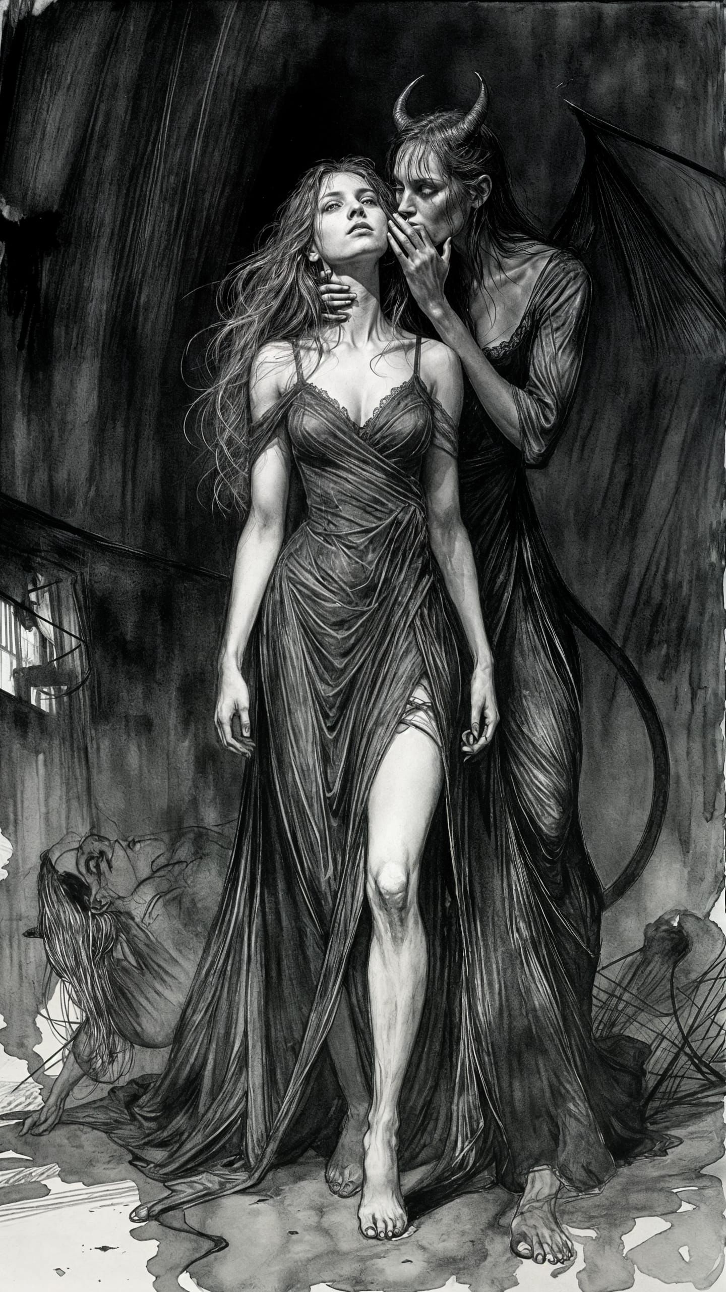 Witch Choked by Devil in Low-Angle Ink Illustration