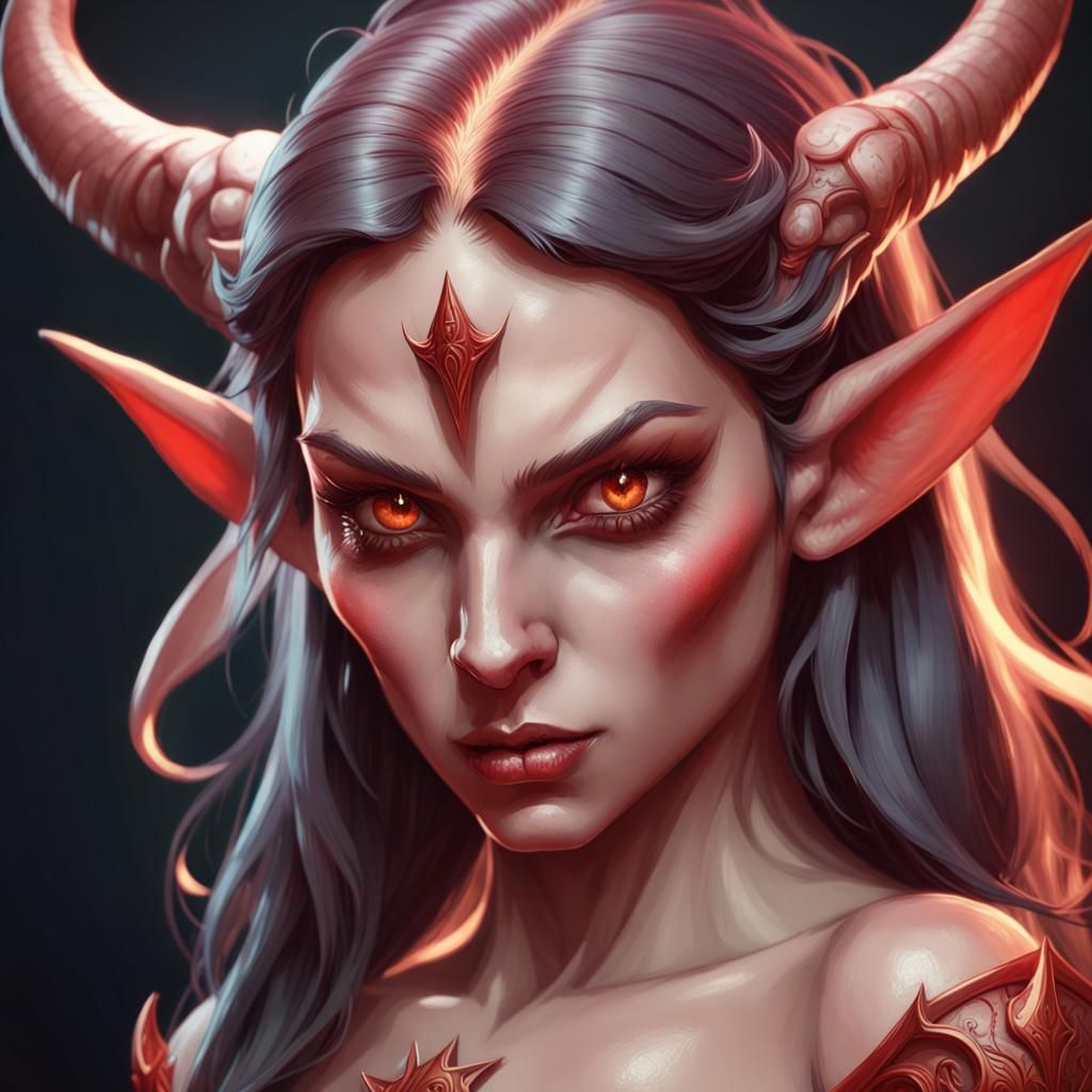 Demonic She-Elf Portrait in Hyperdetailed Style