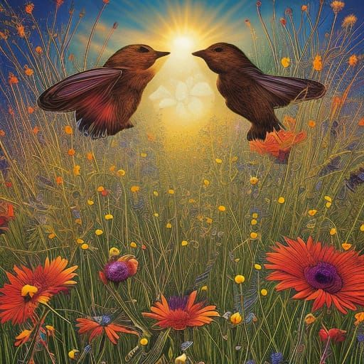 Wildflower Meadow Sunrise in Comic Book Art Style