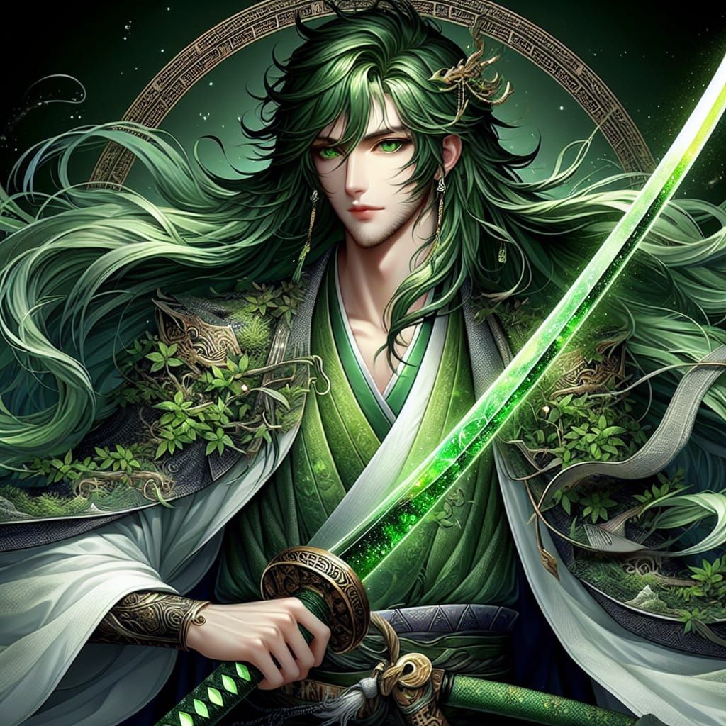 Mystical Warrior with Emerald Katana Radiating Life