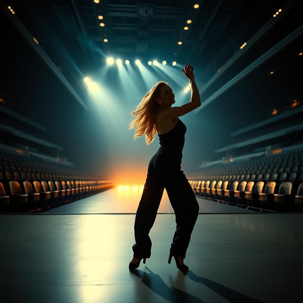 Woman Dancing in Empty eSports Arena: Cinematic Still