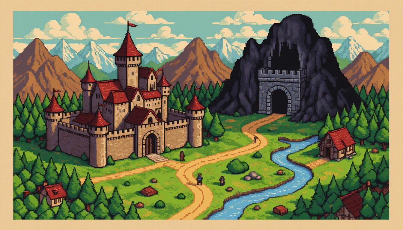 Retro Pixel Art RPG World Map with Medieval City