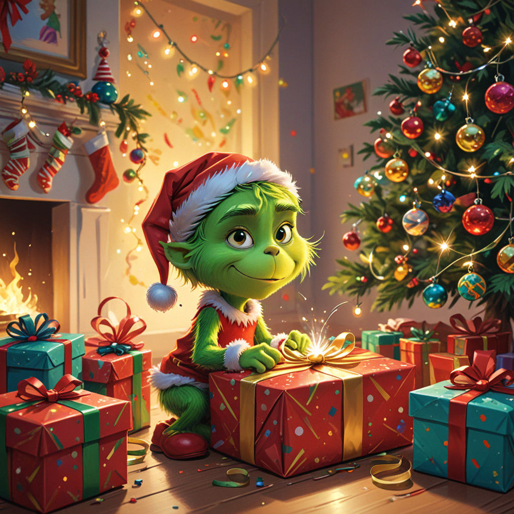 Whimsical Chibi Grinch Unwraps Gifts Under Christmas Tree