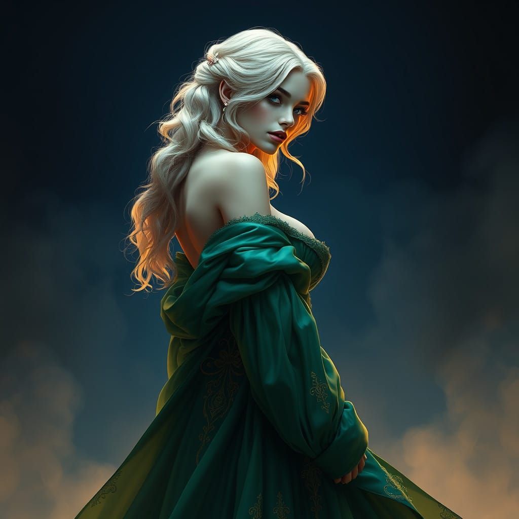 Ethereal High-Fantasy Femme in Emerald Gown