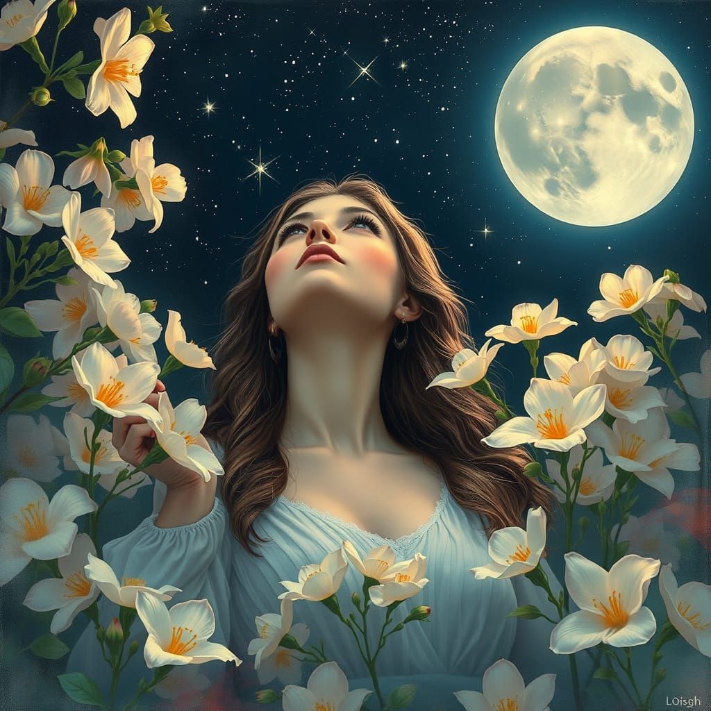 Dreamy Nighttime Scene with Blooming Moon Flowers