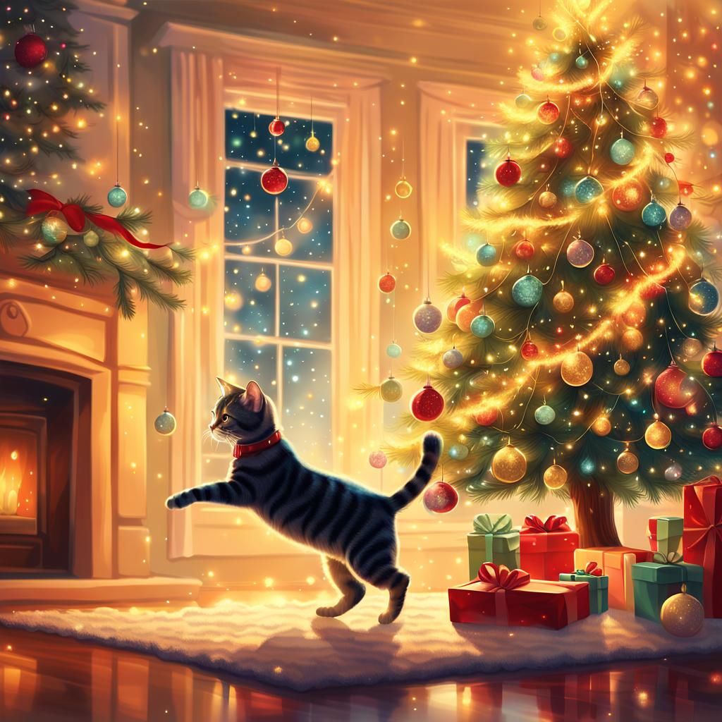 Whimsical Christmas Cat Climbs Decorated Tree in Cozy Living...