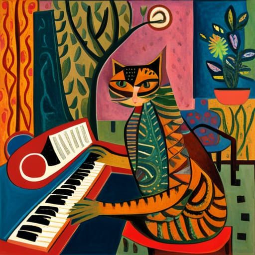Cat Playing Piano in Surrealist Style